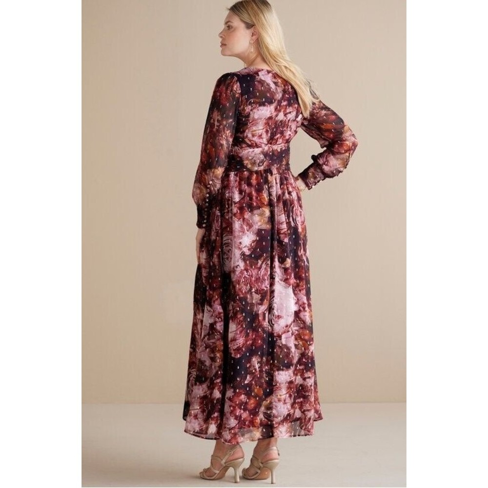 Soft Surroundings Rina Silk Maxi Dress Womens SZ6 Red Gold Long Sleeve Flowy NWT - Picture 2 of 8